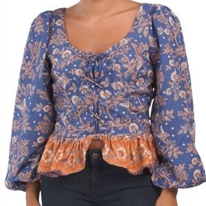 House of Harlow 1960 Nastassia Blue Orange Floral Boho Print Peplum Top